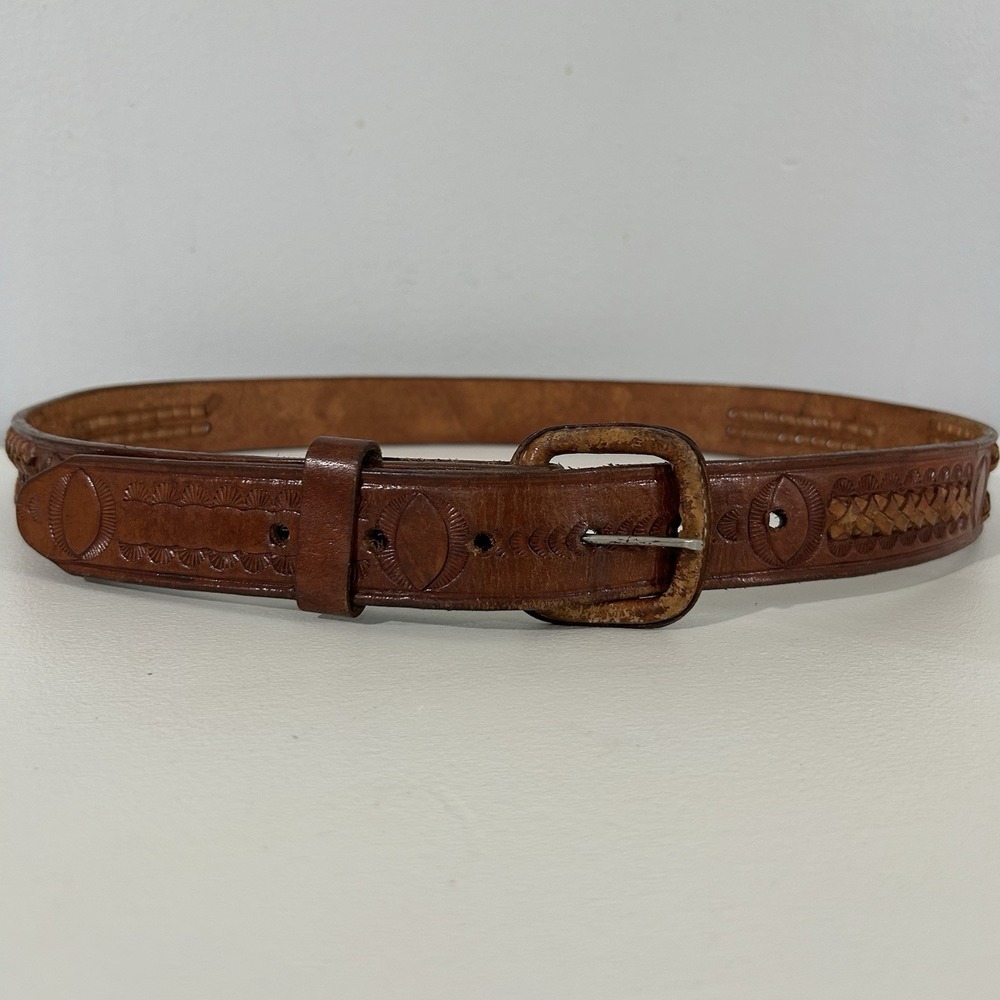 Vintage Leather Belt Tooled Design With Basket weave Handmade Mexico 36